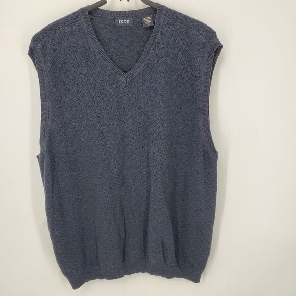 IZOD Navy Blue Knit Mens Linen Blend Sweater Vest With Zig-Zag Pattern Size L - Picture 1 of 7